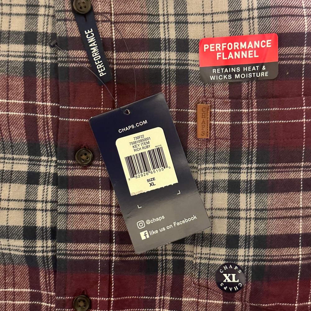 Chaps Performance Flannel Mens XL Rich Ruby NWT Plaid Button Down Shirt - Picture 3 of 4